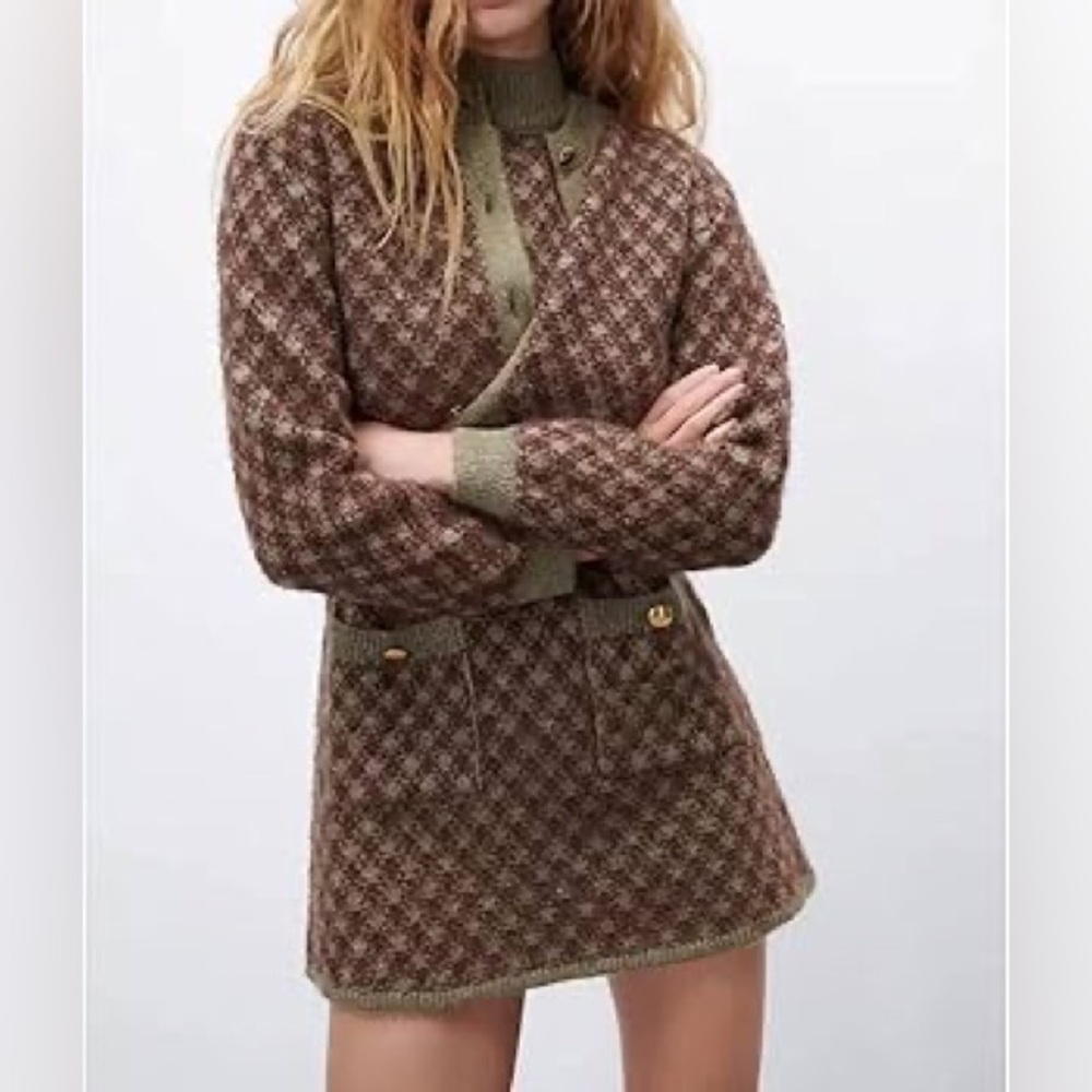 Zara Two-Piece Jacquard Gingham Gold Button Knit Dress And Cardigan